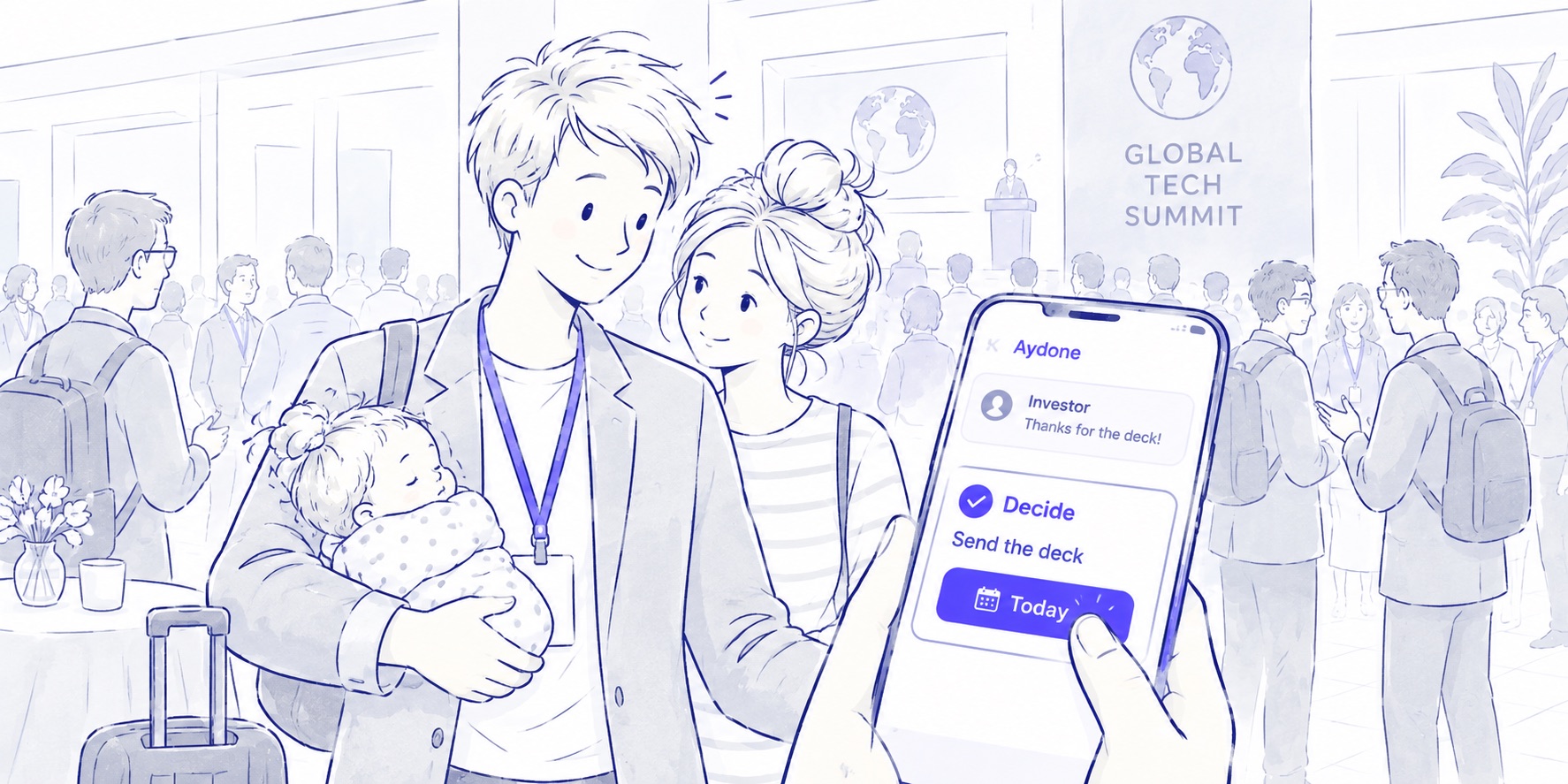Illustration: the same summit with Aydone. Danny smiles beside his wife, holding their sleeping baby. His phone shows the investor's message “Thanks for the deck!” and a Decide card, Send the deck, with his thumb on the Today button.